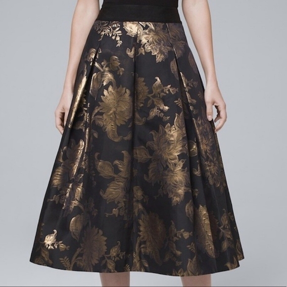 White House Black Market Dresses & Skirts - WHBM Black and Gold Floral Jacquard Full Pleated Midi Skirt